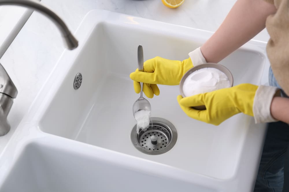 เทคนิคการทำความสะอาด ผู้หญิงใช้เบกกิ้งโซดาเพื่อขจัดสิ่งอุดตันในท่อระบายน้ำแบบโคลสอัพ
